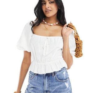 ASOS Design linen look tea blouse with puff sleeves in white womens size 8